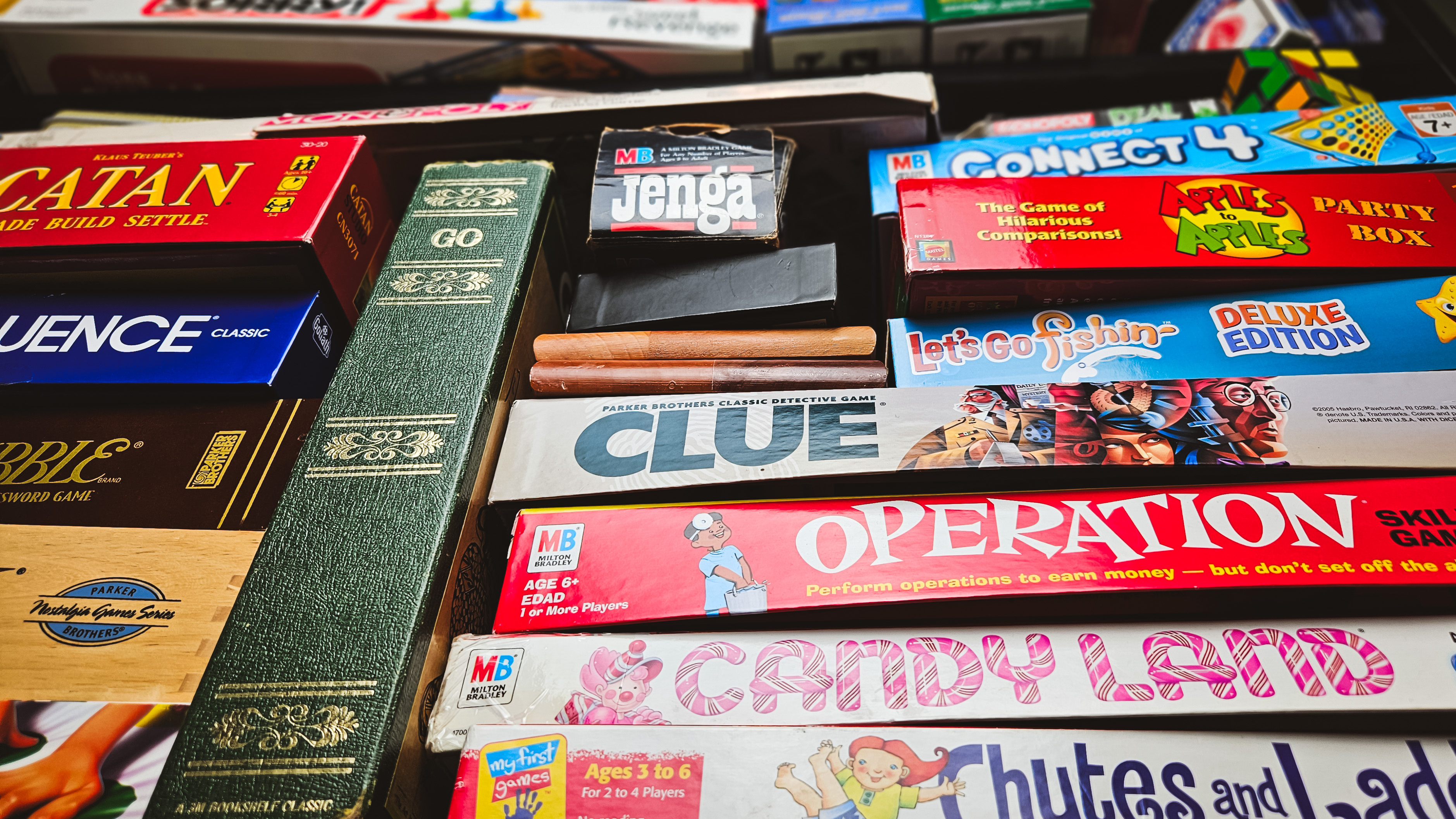 A stack of board games